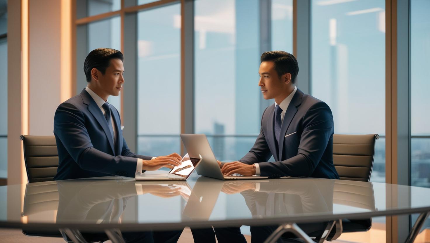 Atasan sedang mengevaluasi bawahan berhadapan di meja. Bawahan sedang memberikan penjelasan melalui la