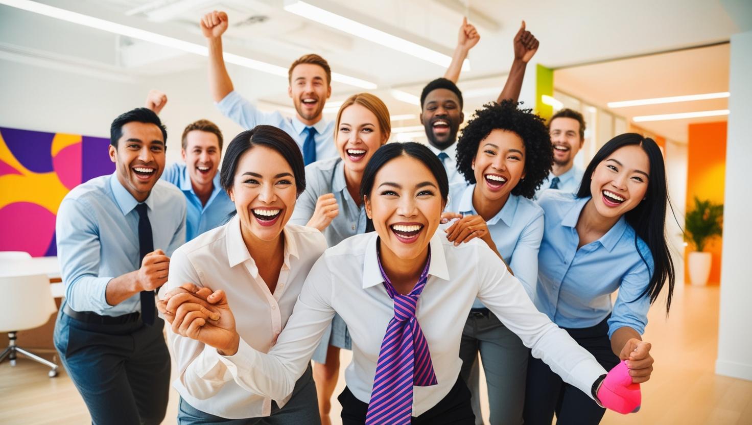 Para pekerja kantor yang berwajah cerah ceria sedang mengungkapkan kegembiraan nya. Latar belakang kan