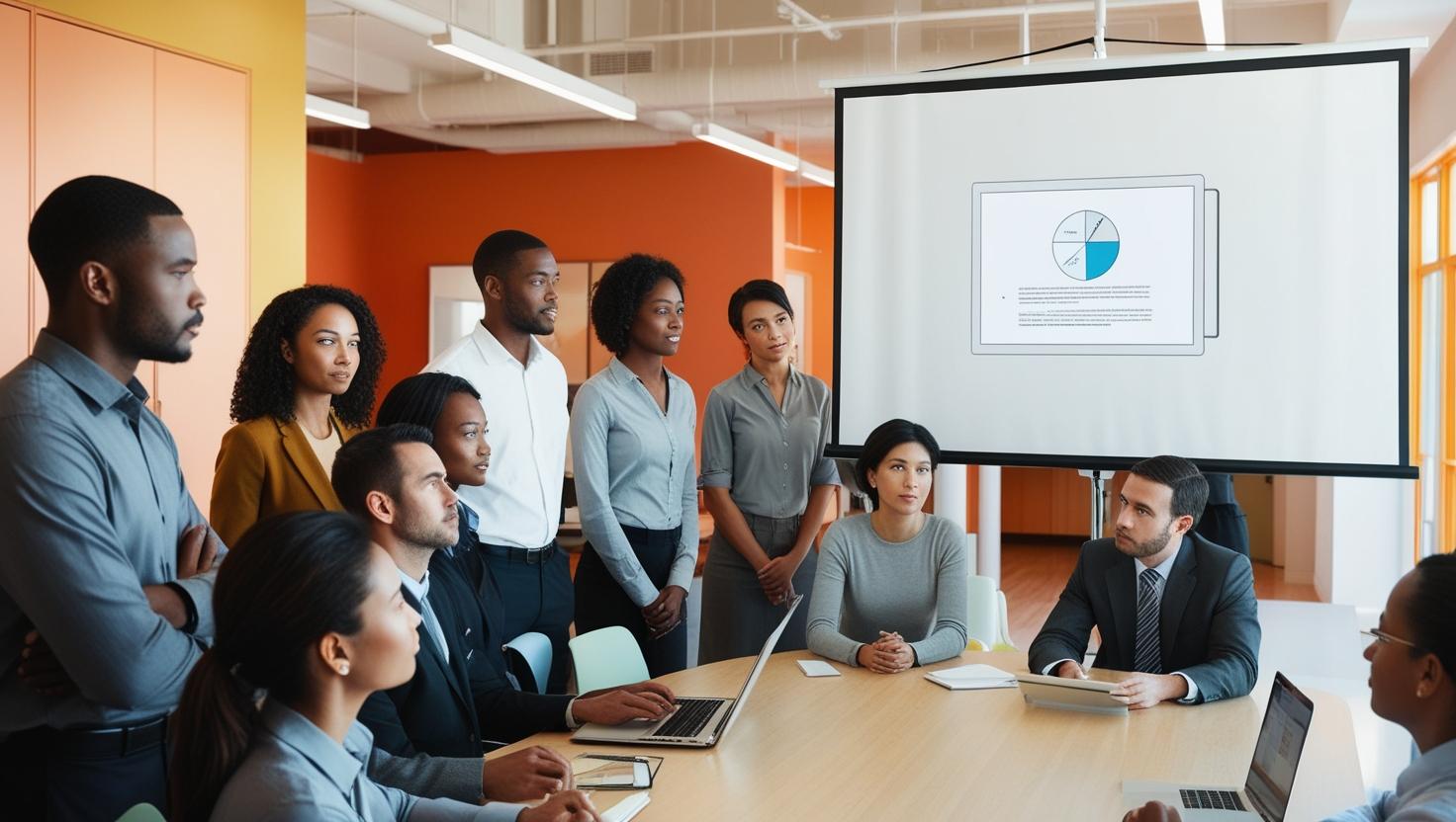 Seorang pekerja sedang memberikan penjelasan menggunakan layar overhead projector dari laptopnya. Bebe